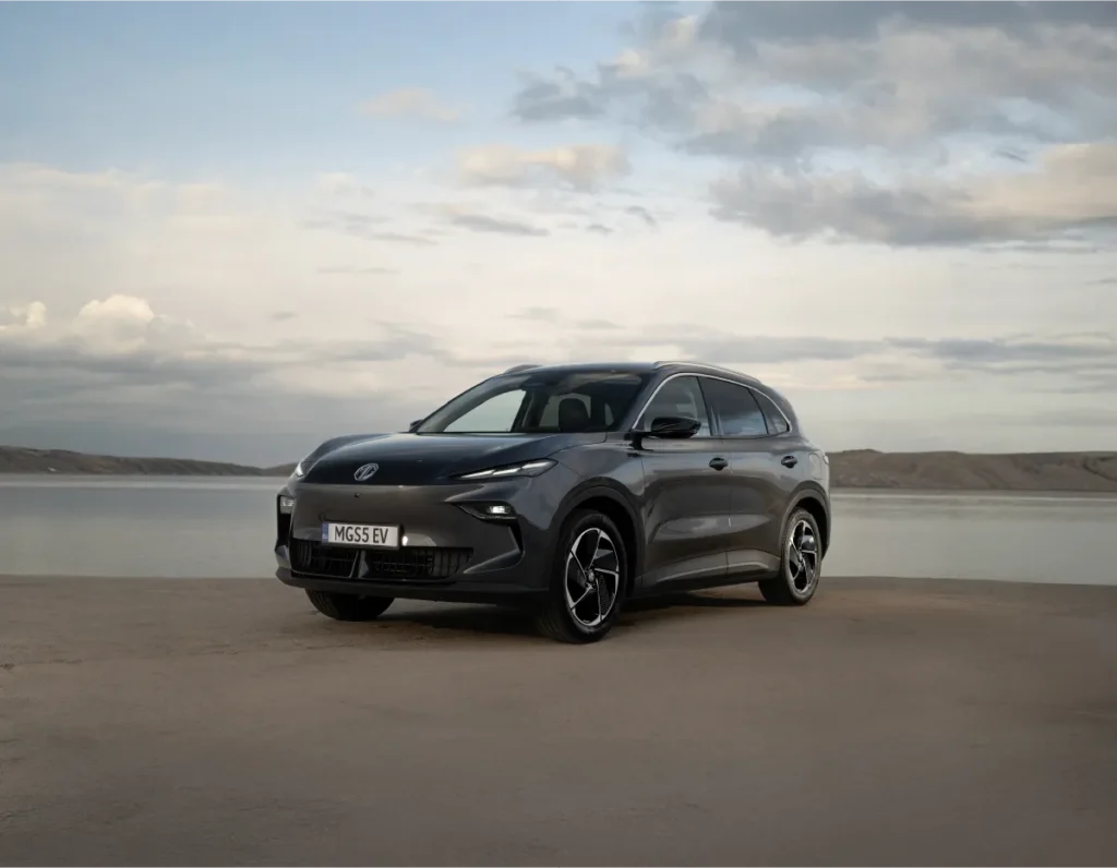 Mørk grå elbil parkert nær vann med bakgrunn av åser.